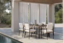 Online Lunare Garten-Essgruppe, cashmere sand/anthrazit, Alu/Holzdekor/Glas, 180 x 100 cm, 6 Sessel, Quick Dry Foam Garten-Essgruppen