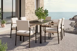 Online Lunare Garten-Essgruppe, cashmere sand/anthrazit, Alu/Holzdekor/Glas, 180 x 100 cm, 6 Sessel, Quick Dry Foam Garten-Essgruppen