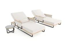 Reverie Gartenliegen 2er Set, creme/anthrazit, Aluminium/Polyester, Holzdekor, 200 x 82 cm, verstellbar, inkl. Beistelltisch Gartenliegen