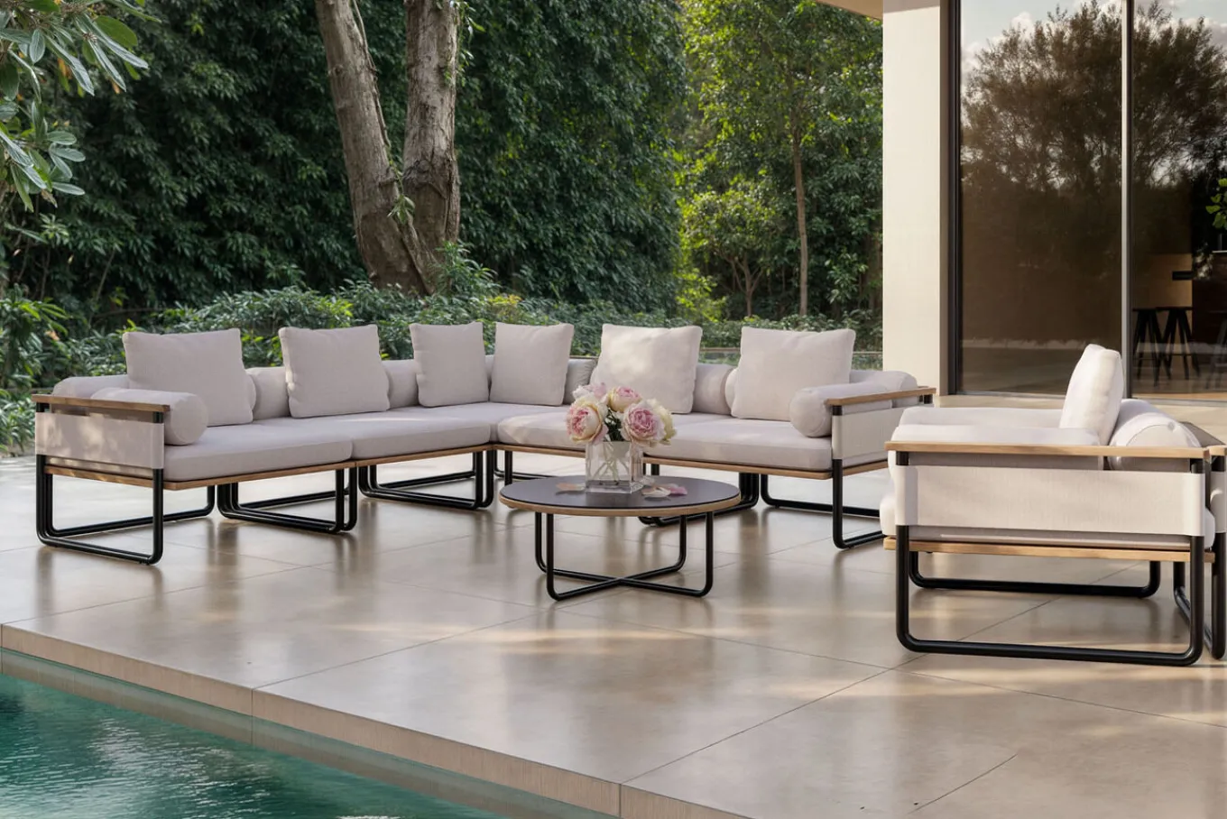 Reverie Light Plus Gartenlounge, creme/anthrazit/natur, Aluminium/Polyester/Glas, 80 x 80 cm, Holzdekor, inkl. Sessel Gartenlounge