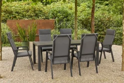 Clearance Carlos/Valencia Garten-Essgruppe, anthrazit/grau, Alu/Textilgewebe/Keramik, Esstisch 180 x 100 cm, inkl. 6 Dining Sessel, stufenlos verstellbar Garten-Essgruppen