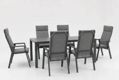 Clearance Carlos/Valencia Garten-Essgruppe, anthrazit/grau, Alu/Textilgewebe/Keramik, Esstisch 180 x 100 cm, inkl. 6 Dining Sessel, stufenlos verstellbar Garten-Essgruppen