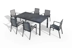 Clearance Carlos/Velia Garten-Essgruppe, anthrazit/grau, Alu/Ranotex®-Gewebe/Keramik, Esstisch 180 x 100cm, inkl. 6 Dining Sessel Garten-Essgruppen