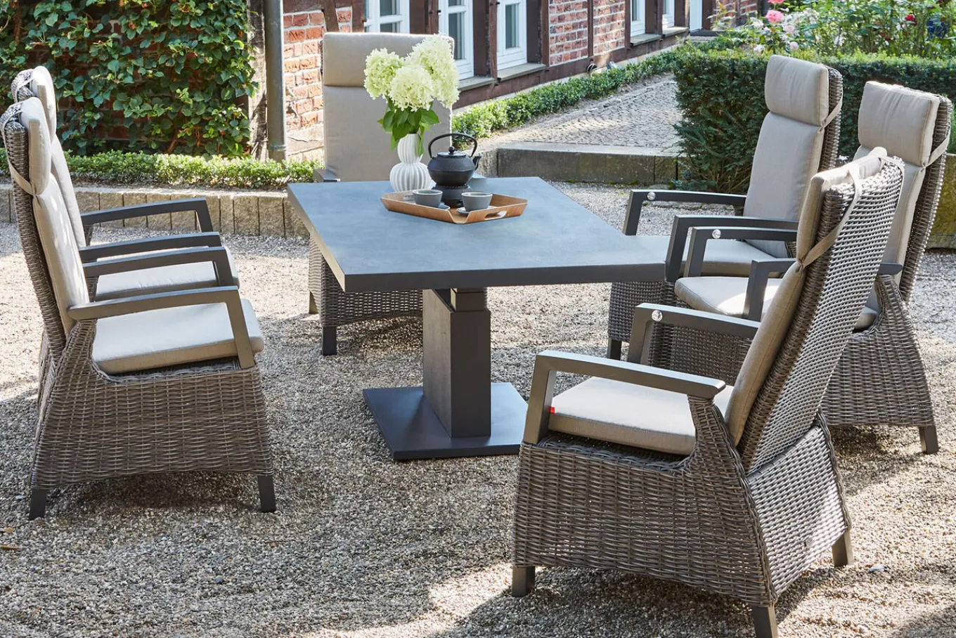 New Corido/Bellani Grau Gartenlounge, charcoal/anthrazit/grau, Alu/Gardino®-Geflecht, Lifttisch 160x90 cm, 6 Dining Move Sessel Polyrattan-Gartenmöbel|Gartenlounge