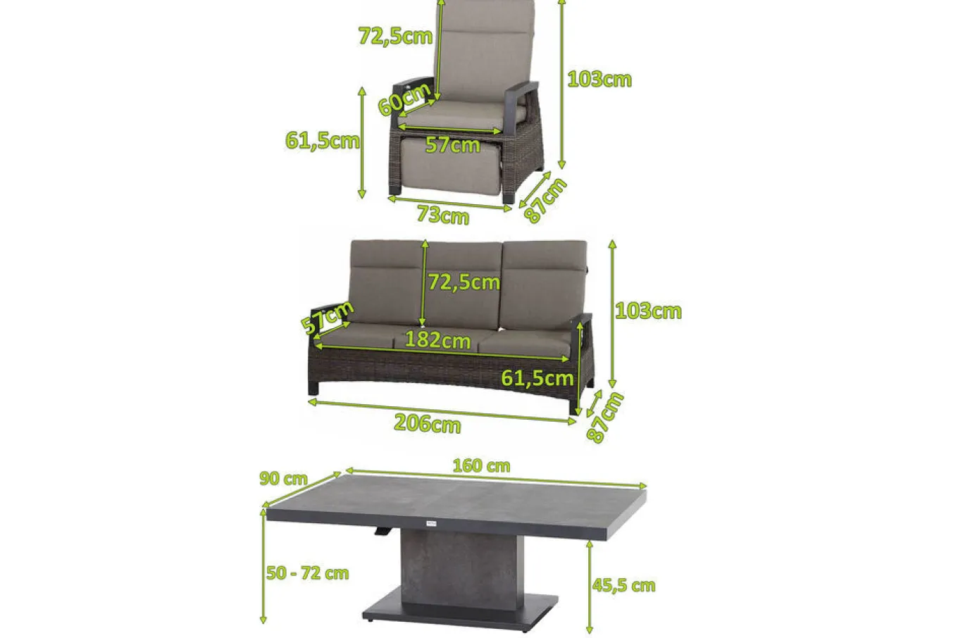 Outlet Corido/Bellani Grau Gartenlounge, charcoal/anthrazit/grau, Alu/Gardino®-Geflecht, Lifttisch 160x90cm, 1x 3-Sitzer, 2x Relaxessel Polyrattan-Gartenmöbel|Gartenlounge