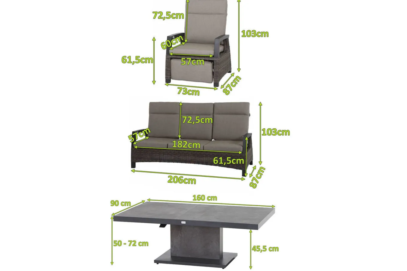 Outlet Corido/Bellani Grau Gartenlounge, charcoal/anthrazit/grau, Alu/Gardino®-Geflecht, Lifttisch 160x90cm, 1x 3-Sitzer, 2x Relaxessel Polyrattan-Gartenmöbel|Gartenlounge