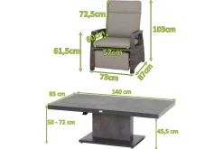 Clearance Corido/Bellani Grau Gartenlounge, charcoal/anthrazit/grau, Alu/Gardino®-Geflecht, Lifttisch 140x85 cm, 4 Relaxsessel Polyrattan-Gartenmöbel|Gartenlounge