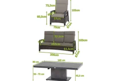 Corido/Bellani Grau Gartenlounge, charcoal/anthrazit/grau, Alu/Gardino®-Geflecht, Lifttisch 160x90cm, 1x 3-Sitzer, 2x Loungesessel Polyrattan-Gartenmöbel|Gartenlounge