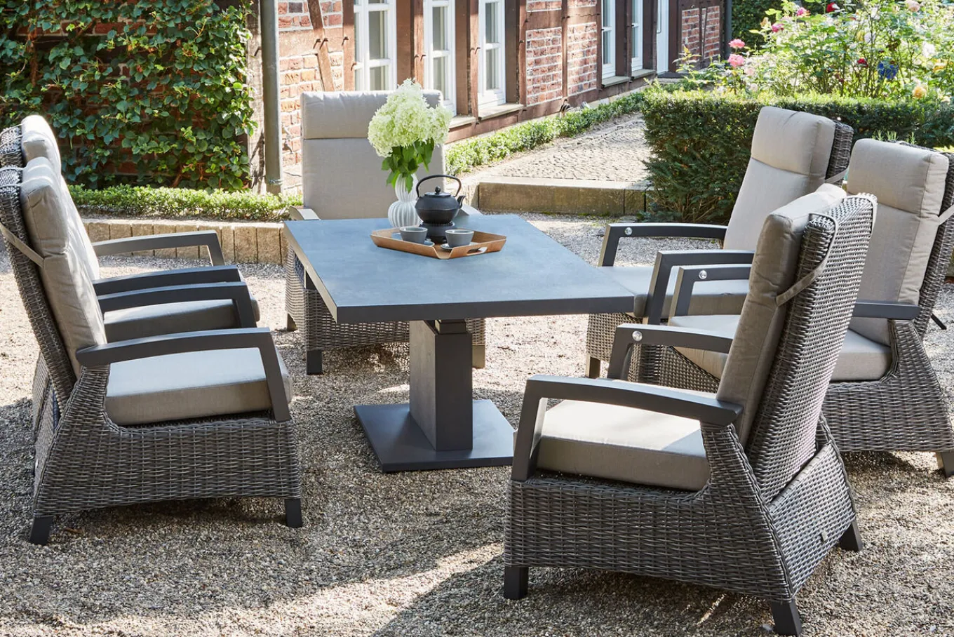Clearance Corido/Bellani Grau Gartenlounge, charcoal/anthrazit/grau, Alu/Gardino®-Geflecht, Lifttisch 160x90 cm, 6 Loungesessel Polyrattan-Gartenmöbel|Gartenlounge