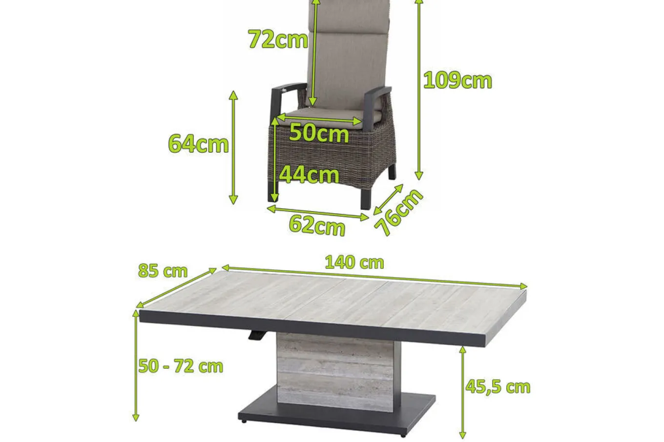 New Corido/Bellani Pinie Gartenlounge, charcoal/anthrazit/pinie-grau, Alu/Keramik/Gardino®-Geflecht, Lifttisch 140x85 cm, 4 Dining Move Sessel Polyrattan-Gartenmöbel|Gartenlounge