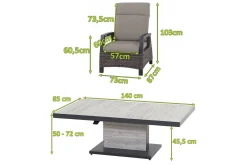 Online Corido/Bellani Pinie Gartenlounge, charcoal/anthrazit/pinie-grau, Alu/Keramik/Gardino®-Geflecht, Lifttisch 140x85 cm, 4 Loungesessel Polyrattan-Gartenmöbel|Gartenlounge
