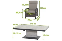Online Corido/Bellani Pinie Gartenlounge, charcoal/anthrazit/pinie-grau, Alu/Keramik/Gardino®-Geflecht, Lifttisch 140x85 cm, 4 Loungesessel Polyrattan-Gartenmöbel|Gartenlounge