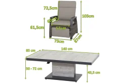 Corido/Bellani Pinie Gartenlounge, charcoal/anthrazit/pinie-grau, Alu/Keramik/Gardino®-Geflecht, Lifttisch 140x85 cm, 4 Relaxsessel Polyrattan-Gartenmöbel|Gartenlounge