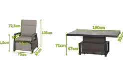 Corido Garten-Essgruppe, charcoal, Alu / Gardino®-Geflecht, 6 Relaxsessel, stufenloser Lifttisch 160x90x47-71cm Polyrattan-Gartenmöbel|Gartenlounge
