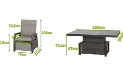Corido Garten-Essgruppe, charcoal, Alu / Gardino®-Geflecht, 6 Relaxsessel, stufenloser Lifttisch 160x90x47-71cm Polyrattan-Gartenmöbel|Gartenlounge