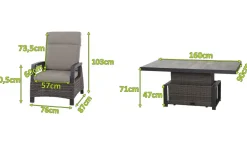 Discount Corido Garten-Essgruppe, charcoal, Alu / Gardino®-Geflecht, 6 Loungesessel, stufenloser Lifttisch 160x90x47-71cm Polyrattan-Gartenmöbel|Gartenlounge