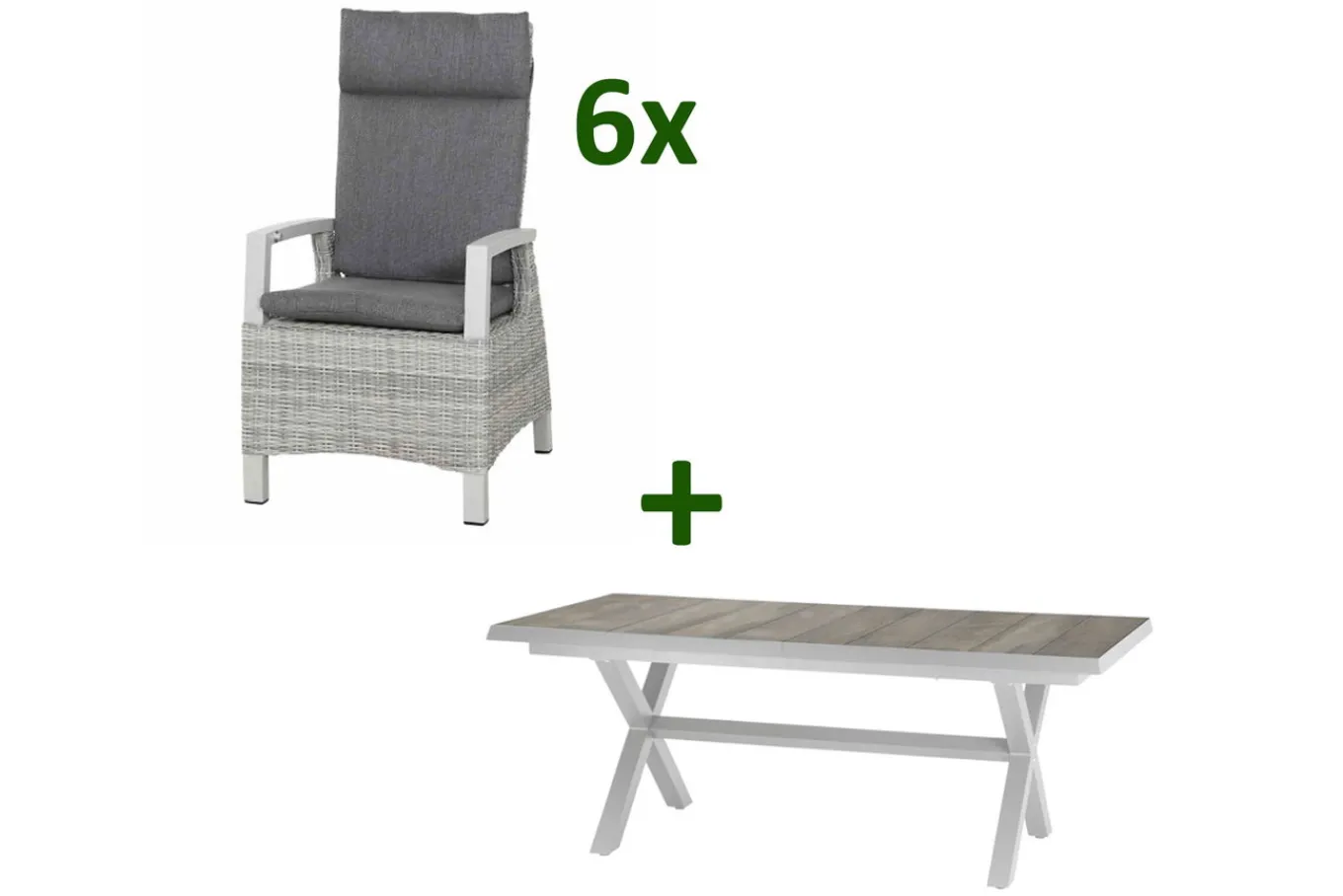 Best Corido/Sincro Garten-Essgruppe, ice grey/weiß grau, Alu/Gardino®-Geflecht/Keramik, Ausziehtisch 200/260x100 cm, 6 Diningsessel Polyrattan-Gartenmöbel|Garten-Essgruppen