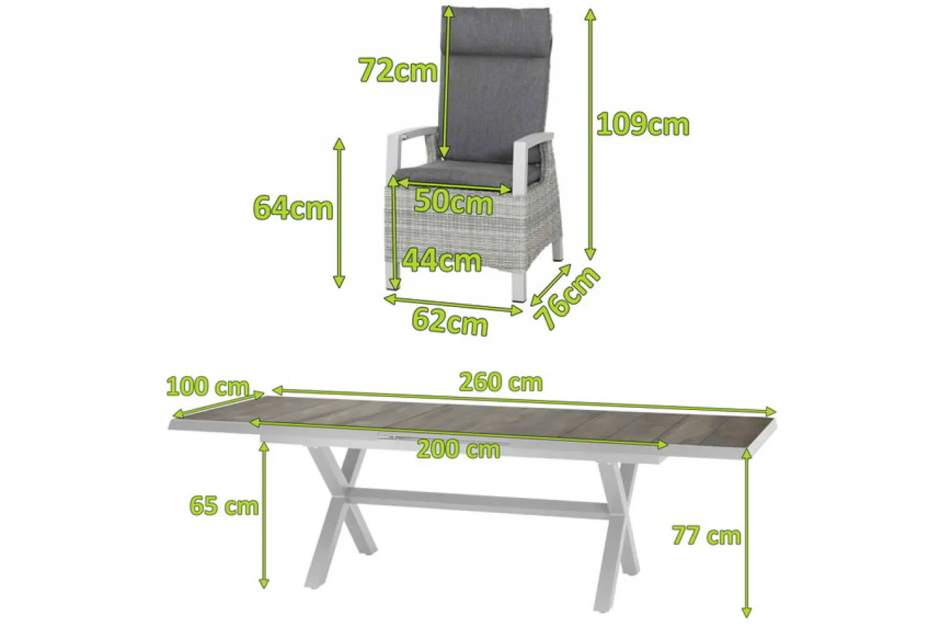 Best Corido/Sincro Garten-Essgruppe, ice grey/weiß grau, Alu/Gardino®-Geflecht/Keramik, Ausziehtisch 200/260x100 cm, 6 Diningsessel Polyrattan-Gartenmöbel|Garten-Essgruppen