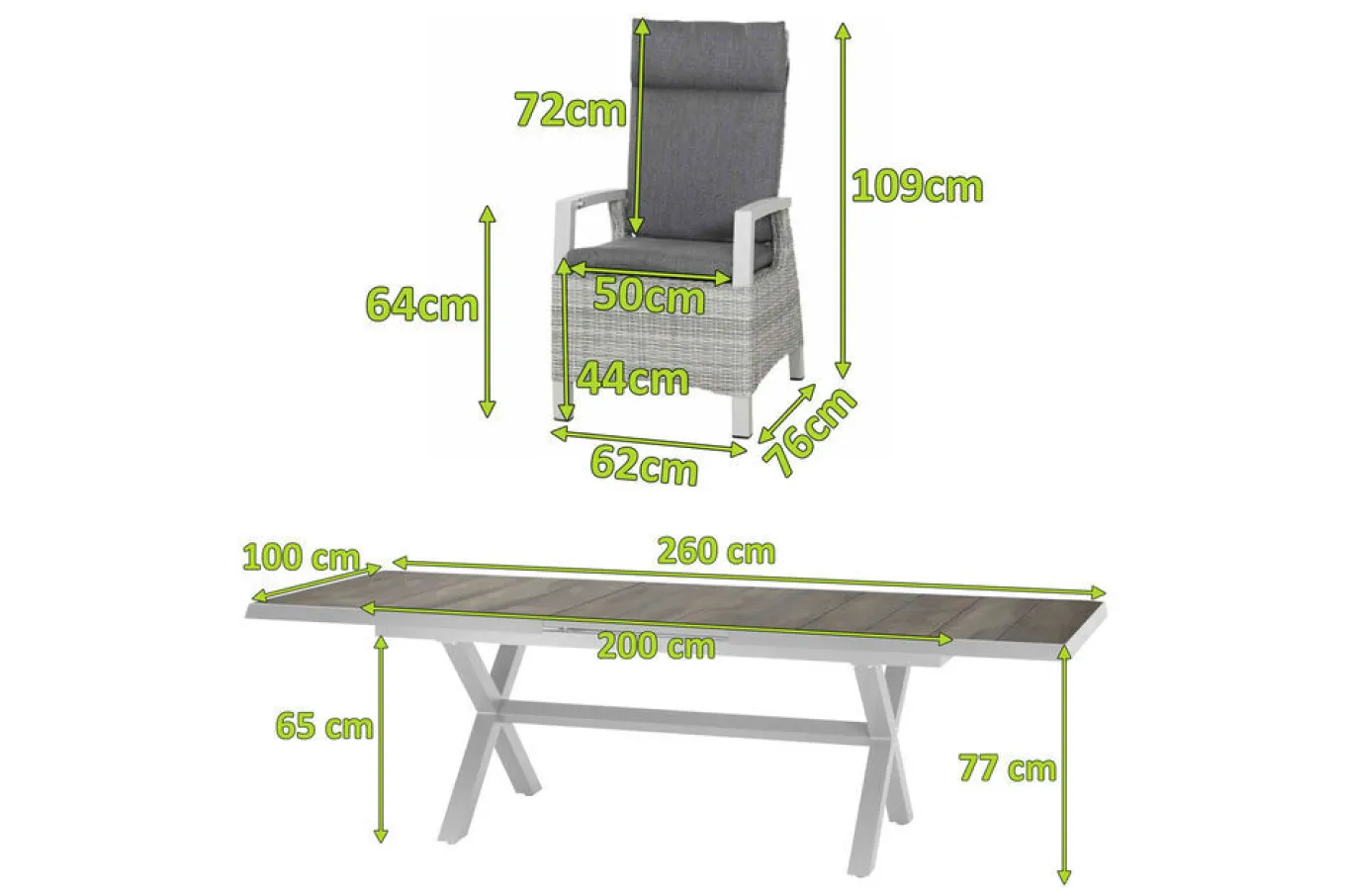 Hot Corido/Sincro Garten-Essgruppe, ice grey/weiß grau, Alu/Gardino®-Geflecht/Keramik, Ausziehtisch 200/260x100 cm, 8 Dining Move Sessel Polyrattan-Gartenmöbel|Garten-Essgruppen