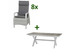 Hot Corido/Sincro Garten-Essgruppe, ice grey/weiß grau, Alu/Gardino®-Geflecht/Keramik, Ausziehtisch 200/260x100 cm, 8 Dining Move Sessel Polyrattan-Gartenmöbel|Garten-Essgruppen