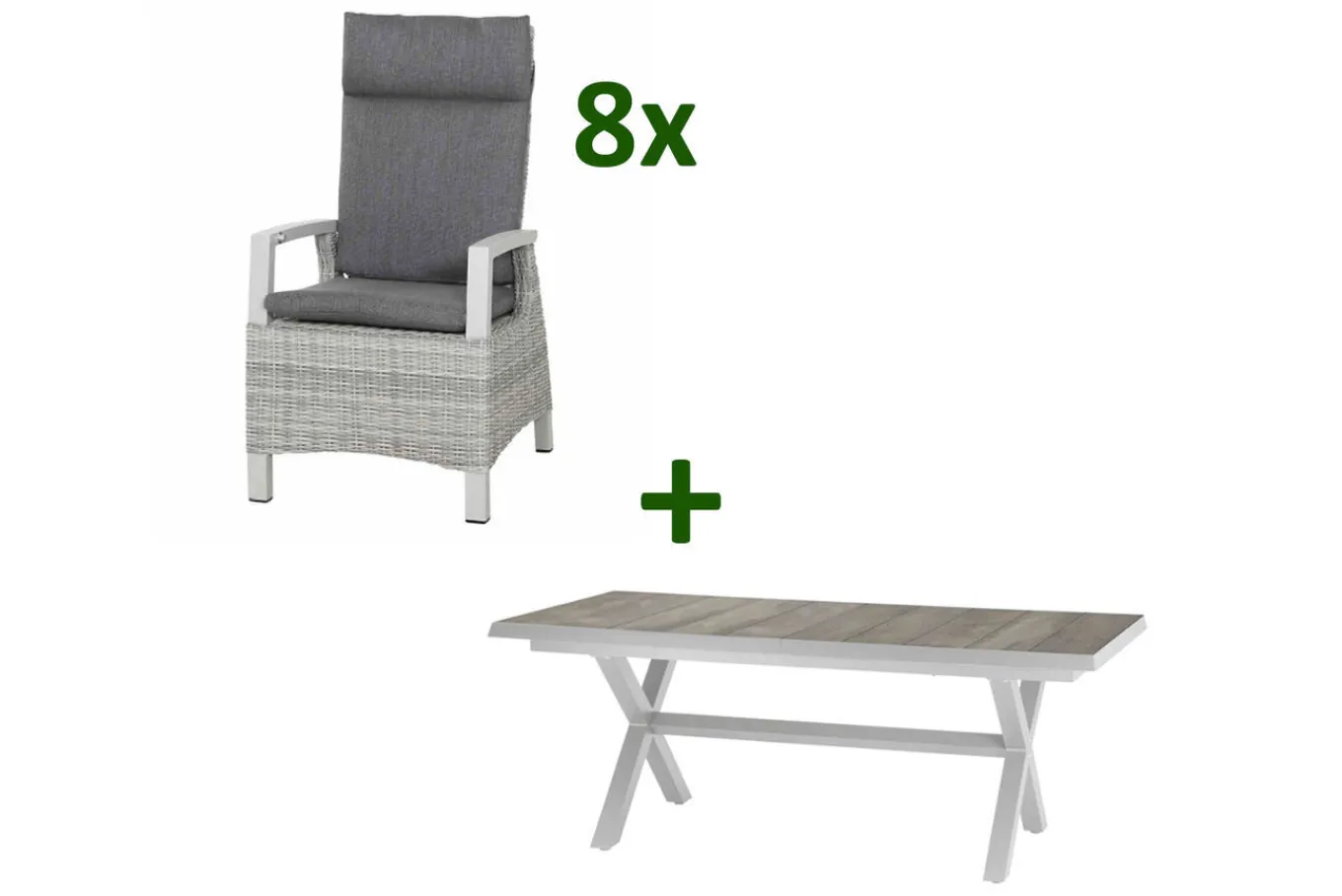 Hot Corido/Sincro Garten-Essgruppe, ice grey/weiß grau, Alu/Gardino®-Geflecht/Keramik, Ausziehtisch 200/260x100 cm, 8 Dining Move Sessel Polyrattan-Gartenmöbel|Garten-Essgruppen