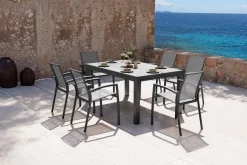 Sale SIENA GARDEN Garten-Essgruppe, anthrazit matt, Alu/Spraystone/Ranotex, Tisch 160/260 x 100 cm, inkl. 6 Stapelsessel Garten-Essgruppen