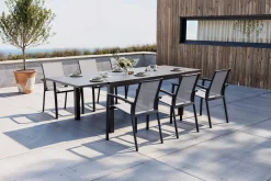 Sale SIENA GARDEN Garten-Essgruppe, anthrazit matt, Alu/Spraystone/Ranotex, Tisch 160/260 x 100 cm, inkl. 6 Stapelsessel Garten-Essgruppen