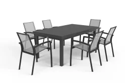 Outlet Garten-Essgruppe, anthrazit/grau, Aluminium/Ranotex-Gewebe, Ausziehtisch 180/240 x 100 cm, inkl. 6 Stapelsessel Aluminium-Gartenmöbel