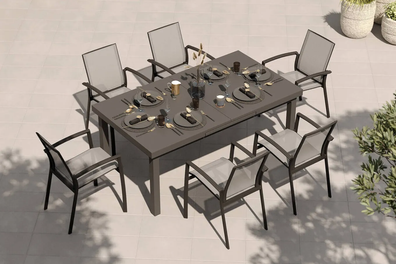 Outlet Garten-Essgruppe, anthrazit/grau, Aluminium/Ranotex-Gewebe, Ausziehtisch 180/240 x 100 cm, inkl. 6 Stapelsessel Aluminium-Gartenmöbel