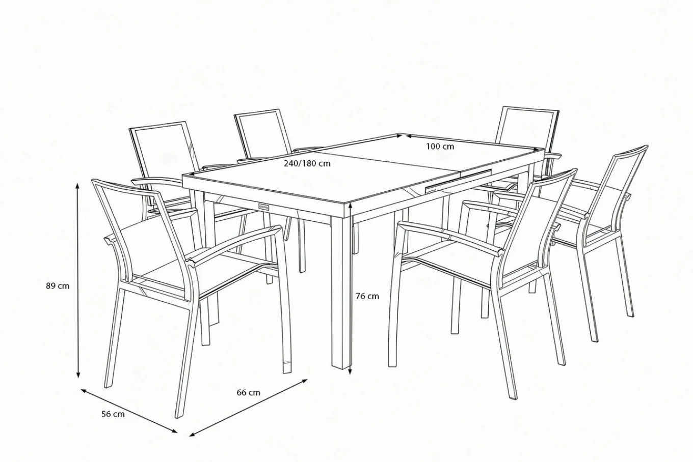 Outlet Garten-Essgruppe, anthrazit/grau, Aluminium/Ranotex-Gewebe, Ausziehtisch 180/240 x 100 cm, inkl. 6 Stapelsessel Aluminium-Gartenmöbel