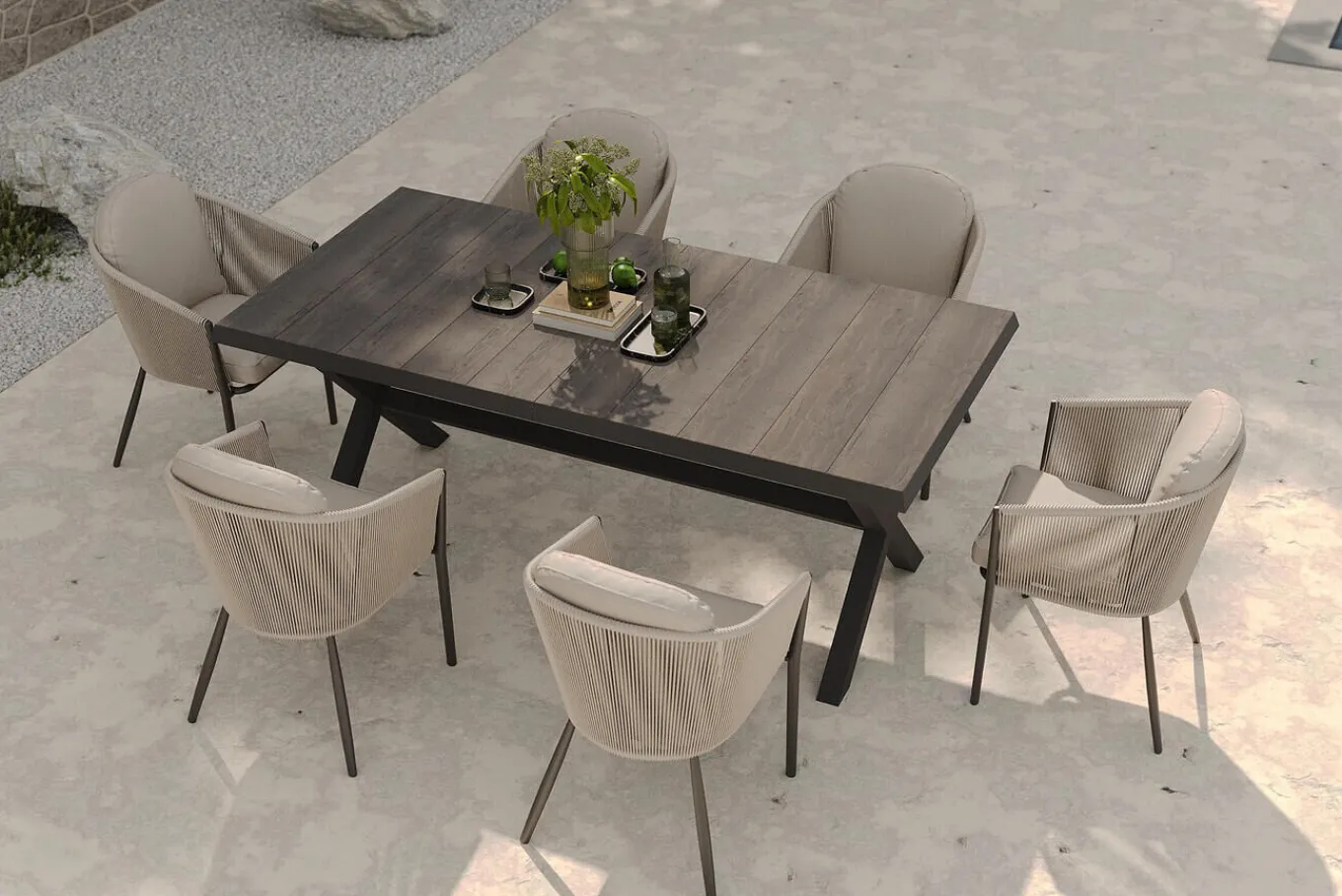 New Garten-Essgruppe, anthrazit/beige, Alu/Keramik/Rope-Geflecht, Tisch 200/265 x 100 cm, 6 Diningsessel Garten-Essgruppen