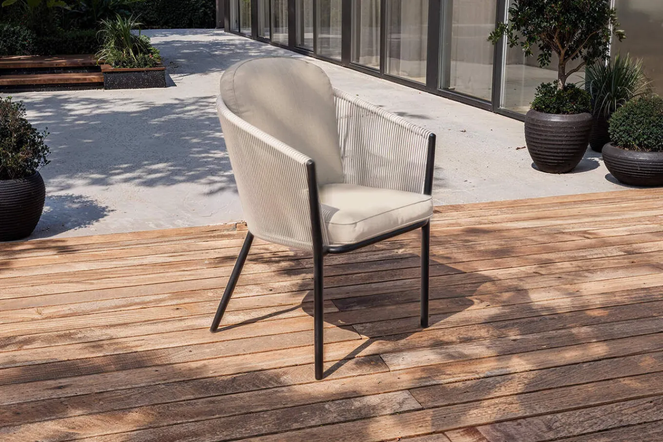 New Garten-Essgruppe, anthrazit/beige, Alu/Keramik/Rope-Geflecht, Tisch 200/265 x 100 cm, 6 Diningsessel Garten-Essgruppen