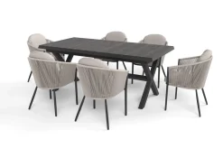 New Garten-Essgruppe, anthrazit/beige, Alu/Keramik/Rope-Geflecht, Tisch 200/265 x 100 cm, 6 Diningsessel Garten-Essgruppen