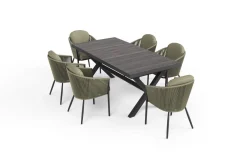 Hot Garten-Essgruppe, anthrazit/grün, Alu/Keramik/Rope-Geflecht, ausziehbarer Tisch 200/260 x 100 cm, 6 Diningsessel Garten-Essgruppen
