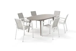 Clearance Garten-Essgruppe, grau/weiß, Alu/Akazienholz, Tisch 200 x 100 cm, 6 Dining Sessel Garten-Essgruppen
