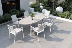 Clearance Garten-Essgruppe, grau/weiß, Alu/Akazienholz, Tisch 200 x 100 cm, 6 Dining Sessel Garten-Essgruppen