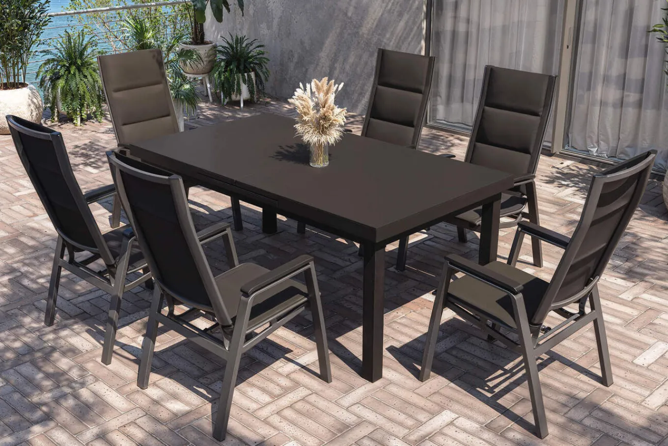 Clearance Garten-Essgruppe, anthrazit/grau, Alu/Glas/Textilene, 180/240 x 100 cm, ausziehbar, stapelbar Garten-Essgruppen