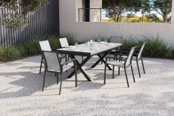 Sale Garten-Essgruppe, schwarz/anthrazit, Aluminium/Polyrattan/Steinimitat, 200/260 x 100 cm, ausziehbar, 6 Diningsessel Garten-Essgruppen