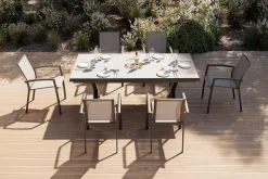 Sale Garten-Essgruppe, schwarz/anthrazit, Aluminium/Polyrattan/Steinimitat, 200/260 x 100 cm, ausziehbar, 6 Diningsessel Garten-Essgruppen