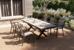 Sale Garten-Essgruppe, schwarz/anthrazit, Aluminium/Polyrattan/Steinimitat, 200/260 x 100 cm, ausziehbar, 6 Diningsessel Garten-Essgruppen