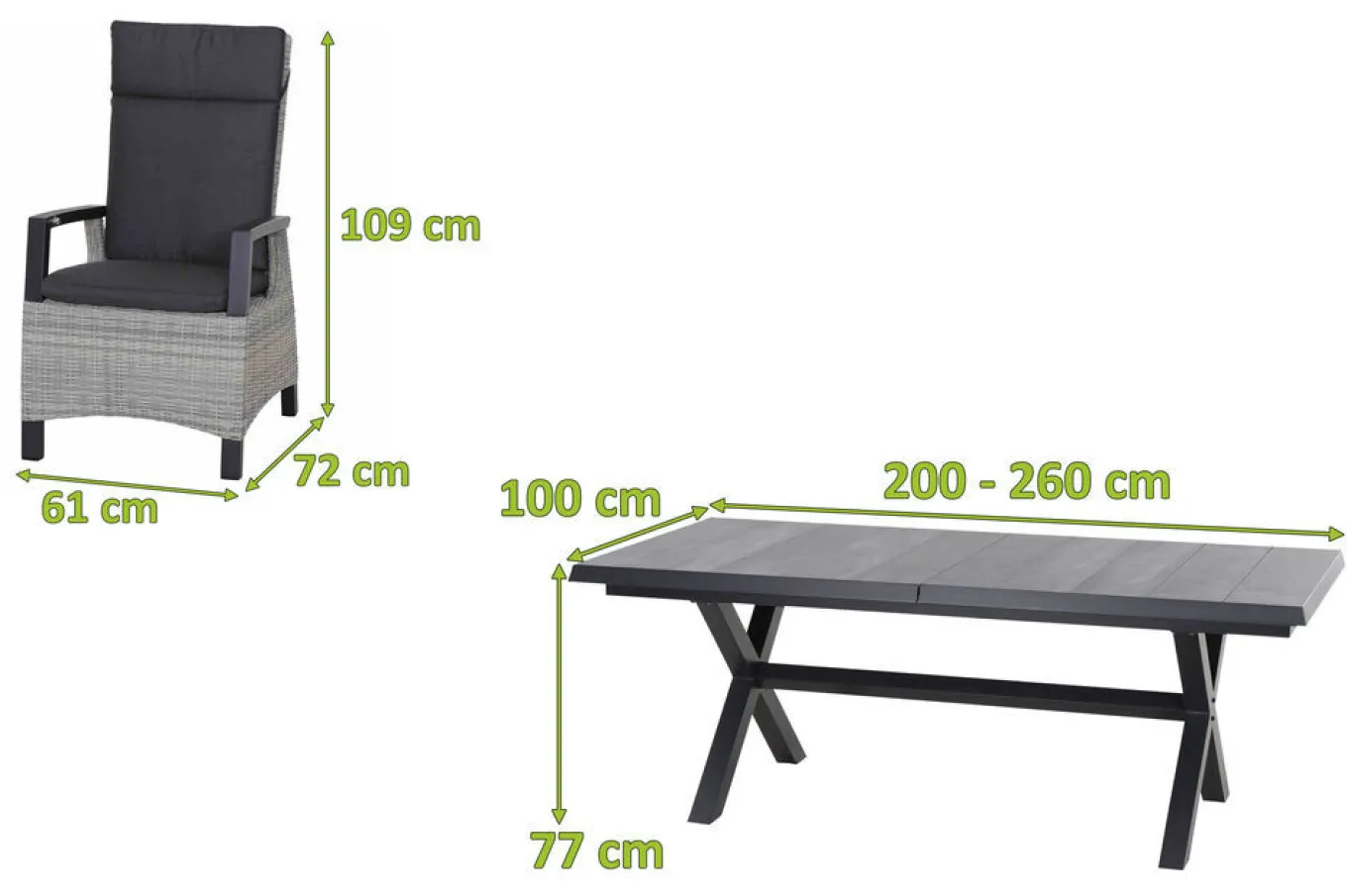 Discount Messina/Corido Garten-Essgruppe, anthrazit, Alu/Geflecht/Keramik, 200-260 x 100 cm, inkl. 4 Diningsessel Garten-Essgruppen