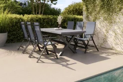 Outlet Messina Garten-Essgruppe mit 6 Klappstühlen, anthrazit/grau, Alu/Textilene, Ausziehtisch mit Keramikplatte 200/260 x 100 cm Garten-Essgruppen|Aluminium-Gartenmöbel