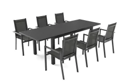 New Miros Garten-Essgruppe, anthrazit/dark concrete, Alu/Glas, Ausziehtisch 180/240cm, 6x Stapelsessel, Witterungsbeständig Garten-Essgruppen|Aluminium-Gartenmöbel