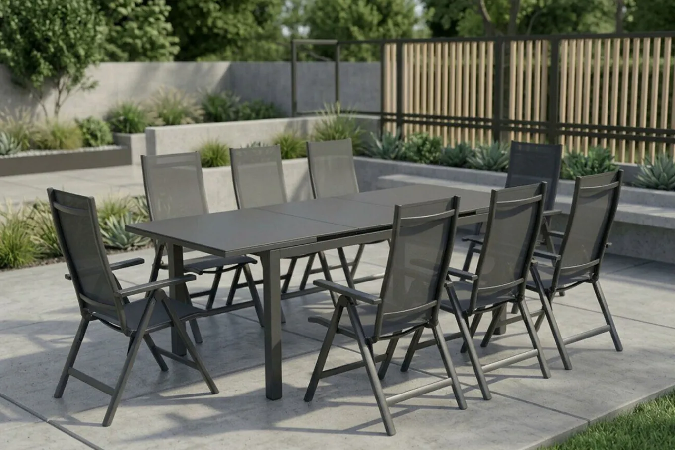 Online Miros Garten-Essgruppe, anthrazit/dark concrete, Aluminium/Glas, Tisch 180/240x90 cm, 8x Klappstühle, Ausziehbar Garten-Essgruppen|Aluminium-Gartenmöbel