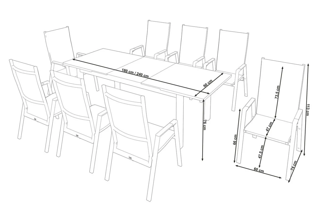Miros/Savona Move Garten-Essgruppe, anthrazit, Alu/Textilene, Ausziehtisch 180/240x90 cm, 8 Stapelsessel Aluminium-Gartenmöbel
