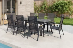 Miros/Savona Move Garten-Essgruppe, anthrazit, Alu/Textilene, Ausziehtisch 180/240x90 cm, 8 Stapelsessel Aluminium-Gartenmöbel