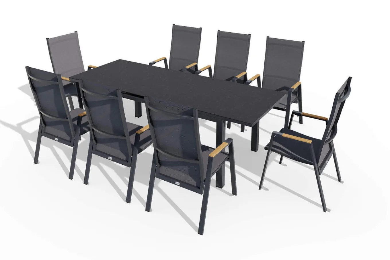 Miros/Savona Move Garten-Essgruppe, anthrazit, Alu/Textilene, Ausziehtisch 180/240x90 cm, 8 Stapelsessel Aluminium-Gartenmöbel