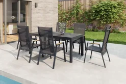 Sale Miros/Savona Move Garten-Essgruppe, Anthrazit, Alu/Textilene, Ausziehtisch 180/240x90 cm, 6 Stapelsessel Garten-Essgruppen|Aluminium-Gartenmöbel