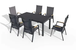 Sale Miros/Savona Move Garten-Essgruppe, Anthrazit, Alu/Textilene, Ausziehtisch 180/240x90 cm, 6 Stapelsessel Garten-Essgruppen|Aluminium-Gartenmöbel