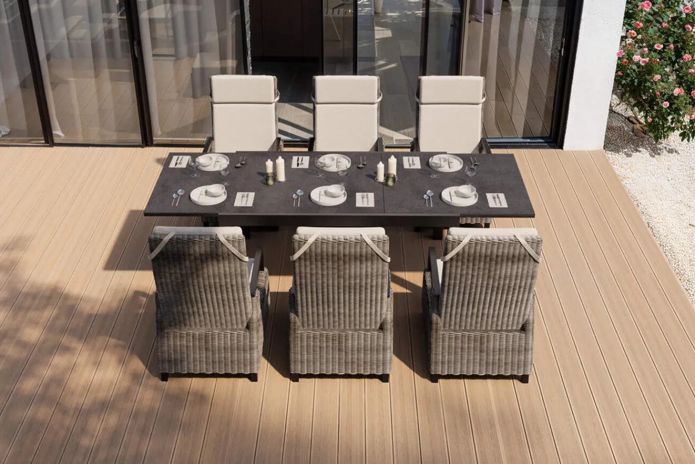 Clearance SIENA GARDEN Premium Garten-Essgruppe, anthrazit matt/grau, Aluminium und Polyrattan, Tisch 160/260 x 100 cm, 6 Dining-Sessel Garten-Essgruppen